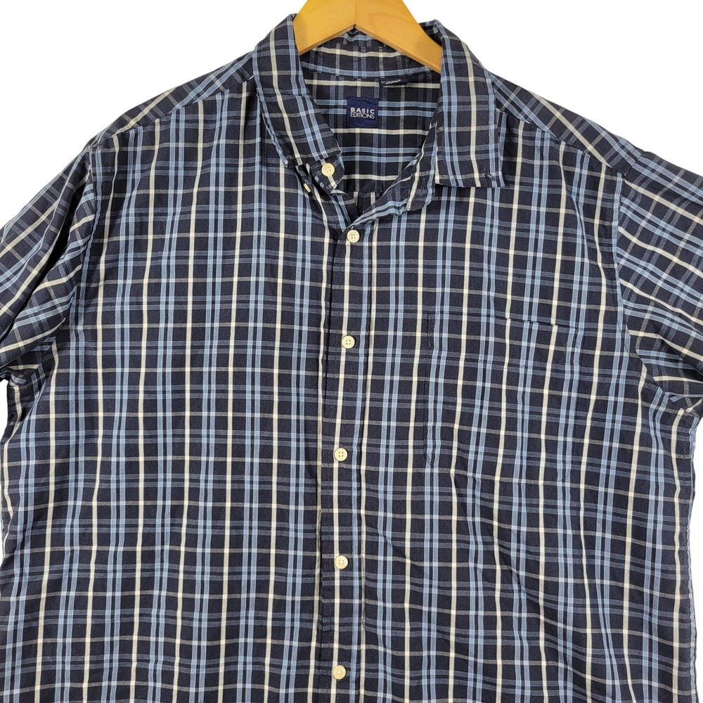 Blue Plaid Button Down Mens XL Short Sleeve Collared Shirt Checkered Menswear